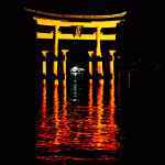 Miayjima-2015,-Itsukushima-Shrine,-brightly-lit-torii-at-night-WM